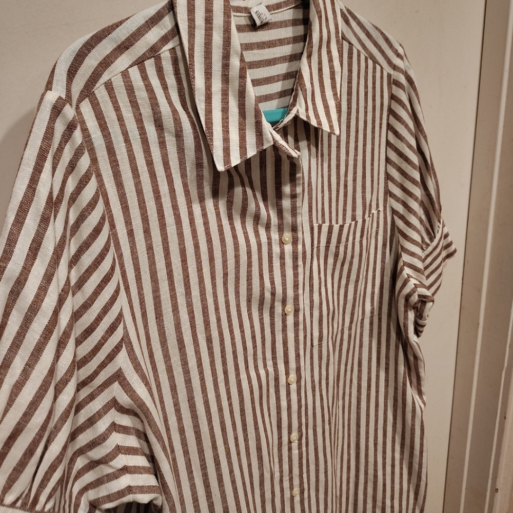 Old Navy Women's Sand Stripe Linen Blend Shirt Dress Sz XL Preppy Beach Vacation - Picture 3 of 8